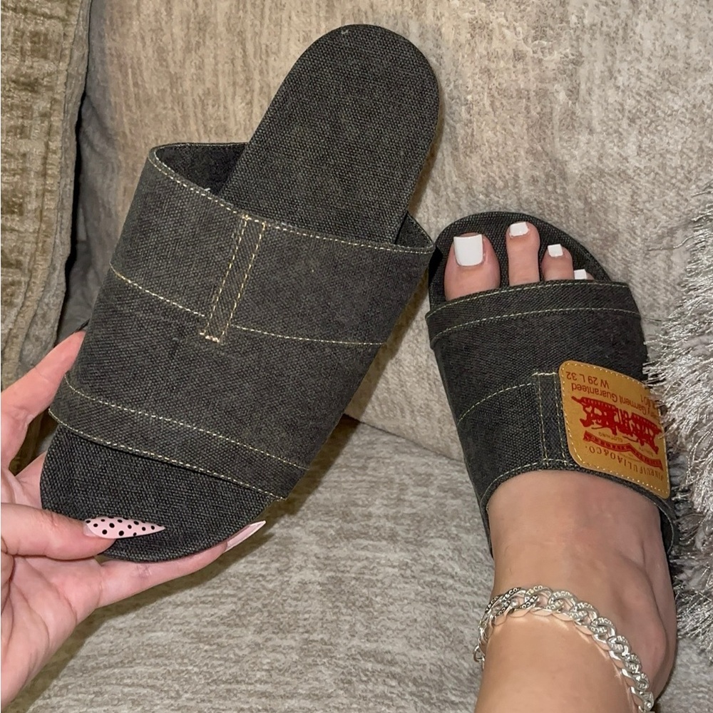 Black Denim Slide Sandals sizes 6, 7, 8, 10